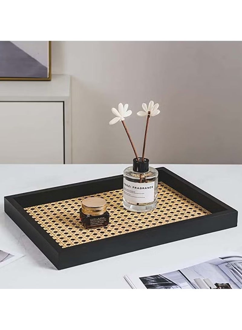 Ailily Rectangle Serving Tray with Imitated Rattan, Basket Serving Tray with Black Wooden Frame for Coffee, Breakfast, Food, Drink, Make Up Decorative Trays 32 x 23 x 2 cm - Image 1