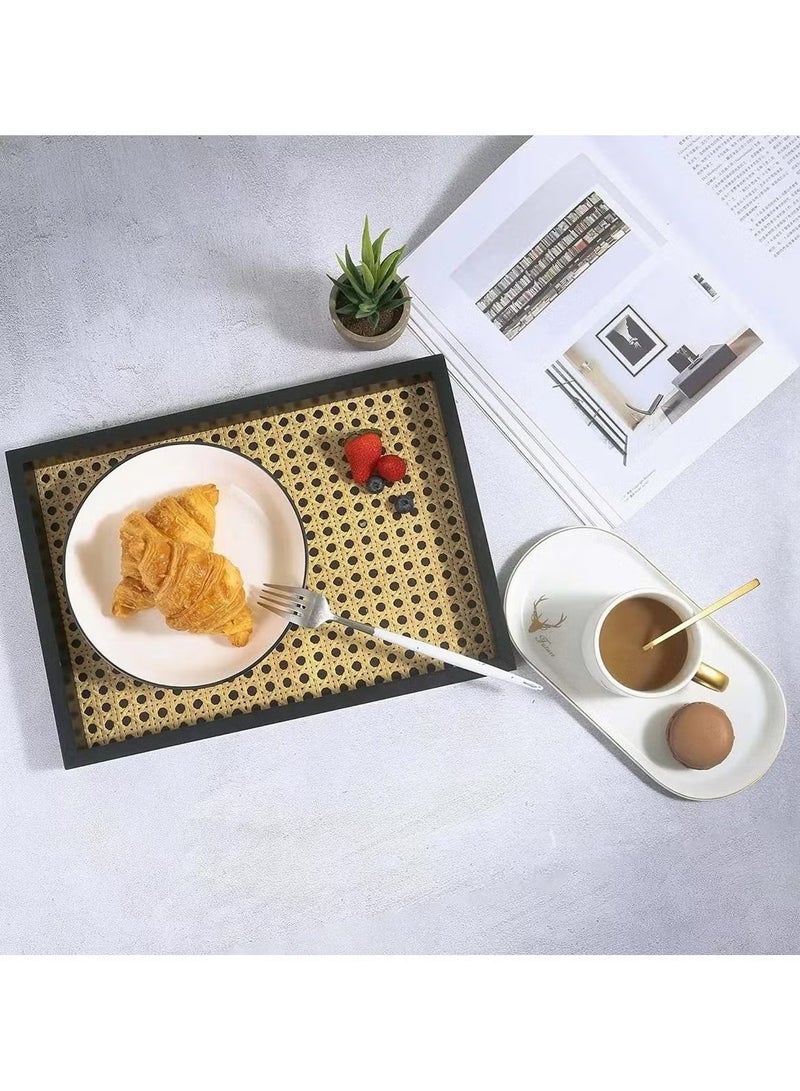 Ailily Rectangle Serving Tray with Imitated Rattan, Basket Serving Tray with Black Wooden Frame for Coffee, Breakfast, Food, Drink, Make Up Decorative Trays 32 x 23 x 2 cm - Image 5