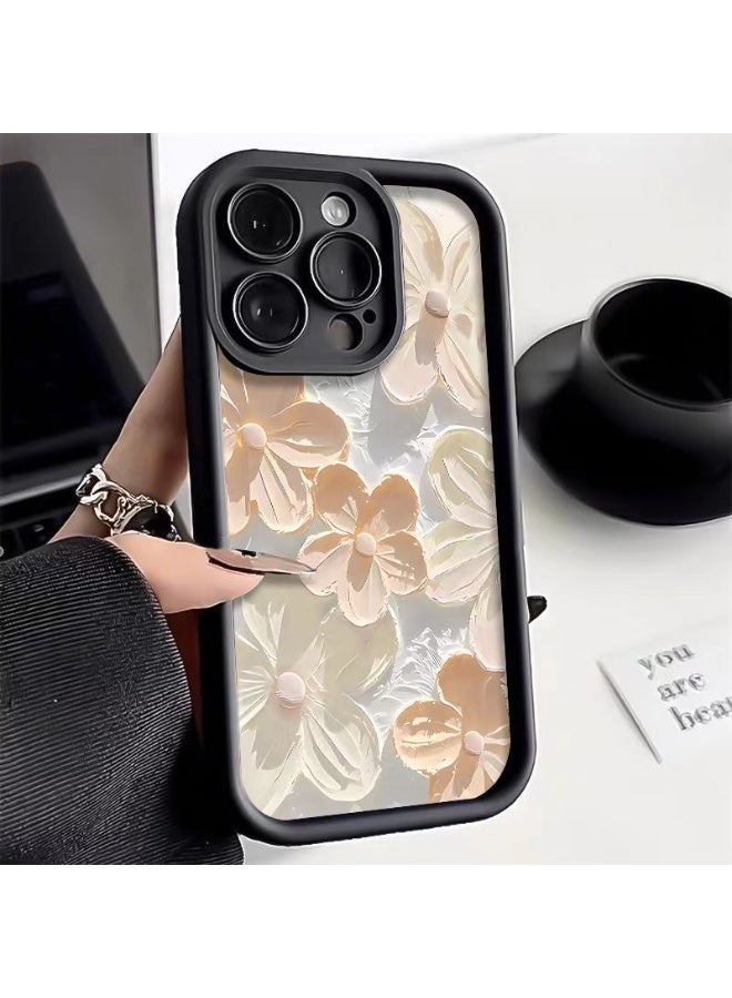 جراب iPhone 16 Pro Max أبيض لامع، تصميم زهور زيتية أنيقة، غطاء ناعم من مادة TPU مقاوم للصدمات ومضاد لبصمات الأصابع للنساء والفتيات - Image 1