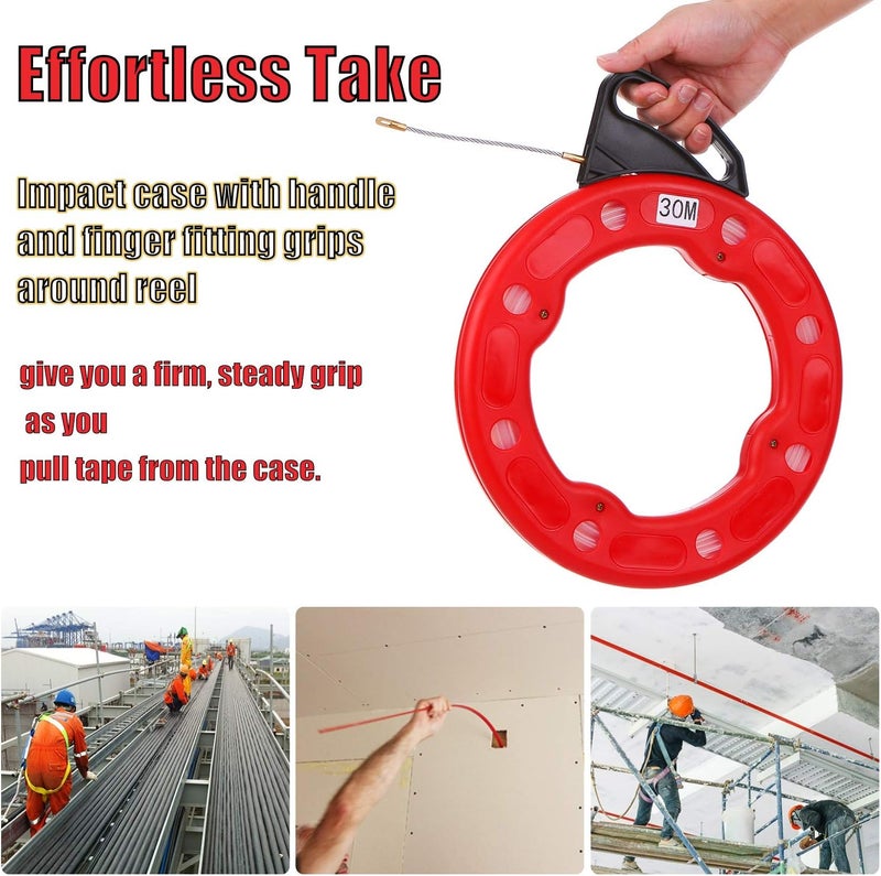 Homgee 30M Fiberglass Fish Tape Reel Puller Conductive Electrical Cable Puller with Impact Case Electric or Communication Wire Puller Use for Drywall Ceiling Under Rug Conduit or Pipe - Image 4