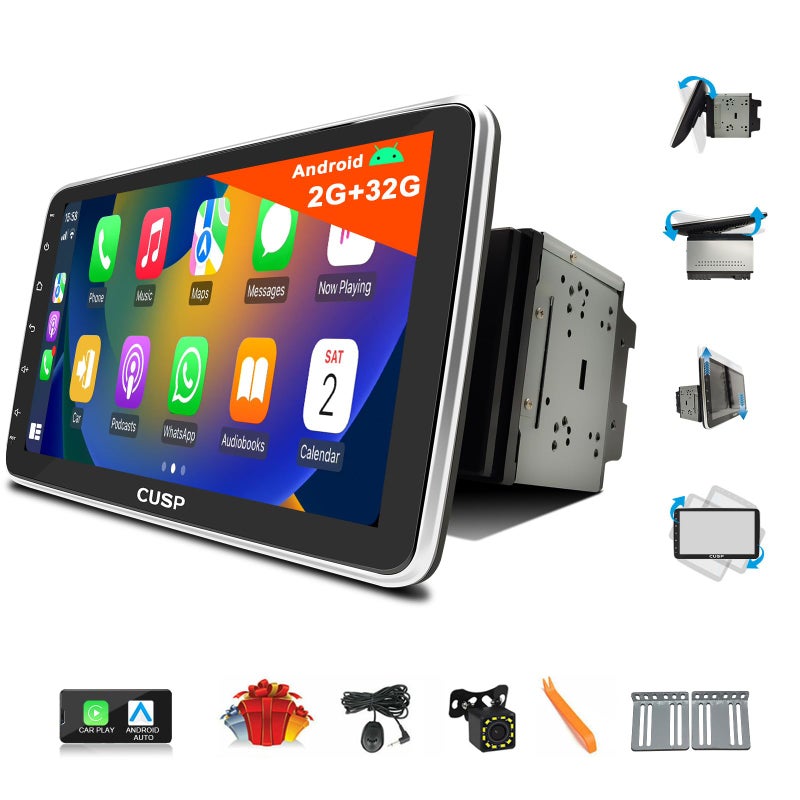 راديو سيارة أندرويد 101 بوصة مع GPS مزدوج DIN دوران يدوي 360 مشغل وسائط متعددة شاشة QLED بدقة 1280x720 بكسل مع Car Play و Android Auto راديو بلوتوث في مجموعة وحدة التحكم الصوتية