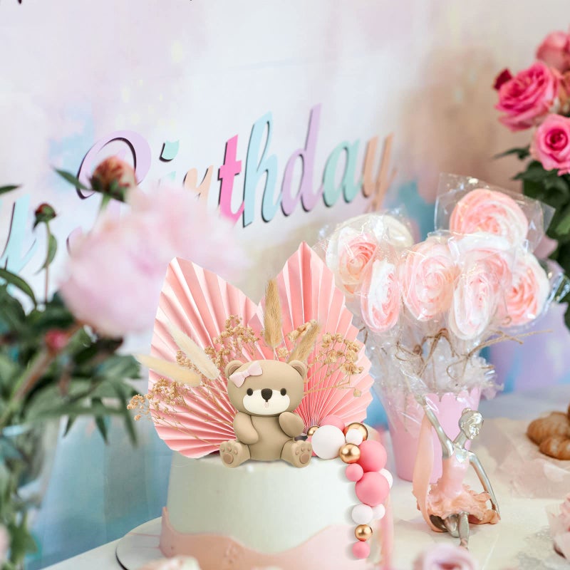 Yinder 41 Pcs/Set Bear Cake Toppers Mini Bear Cake Decorations Cake Toppers Gold White Pearl Ball for Boy Girl Baby Shower Birthday Party Decorations (Pink  Brown  Boho Style) - Image 3
