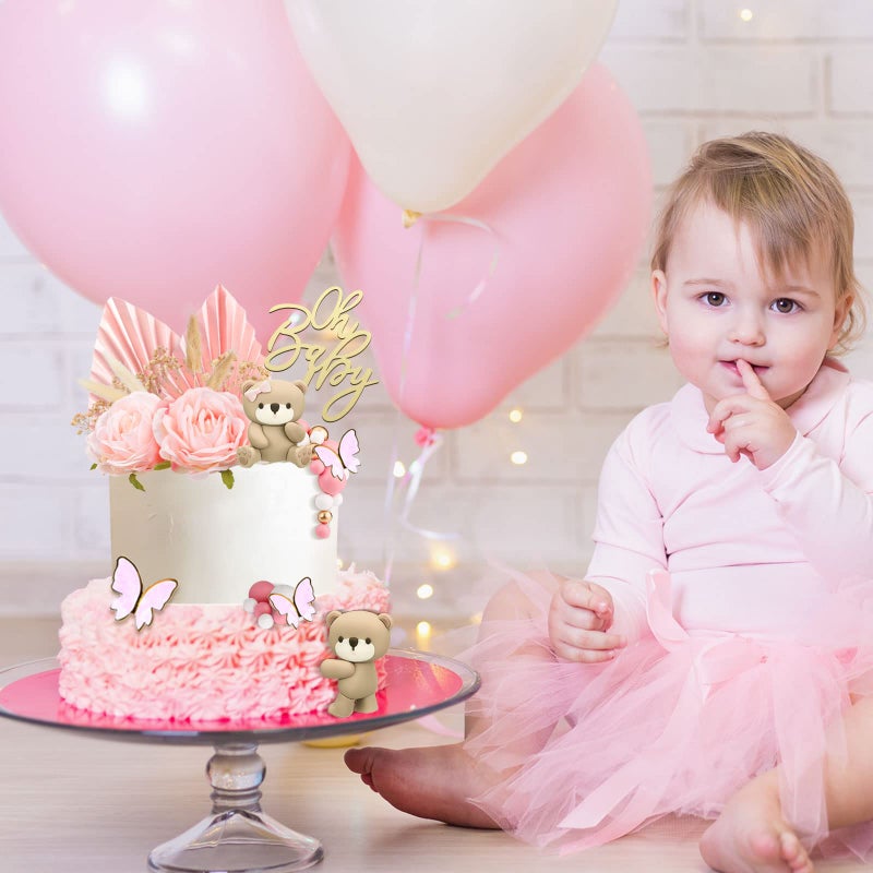 Yinder 41 Pcs/Set Bear Cake Toppers Mini Bear Cake Decorations Cake Toppers Gold White Pearl Ball for Boy Girl Baby Shower Birthday Party Decorations (Pink  Brown  Boho Style) - Image 4