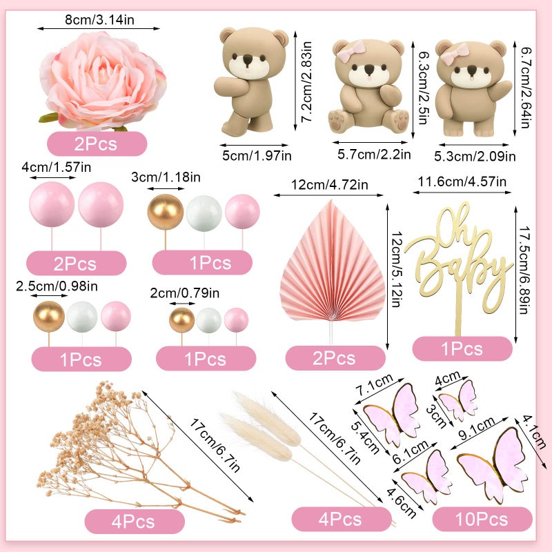 Yinder 41 Pcs/Set Bear Cake Toppers Mini Bear Cake Decorations Cake Toppers Gold White Pearl Ball for Boy Girl Baby Shower Birthday Party Decorations (Pink  Brown  Boho Style) - Image 2