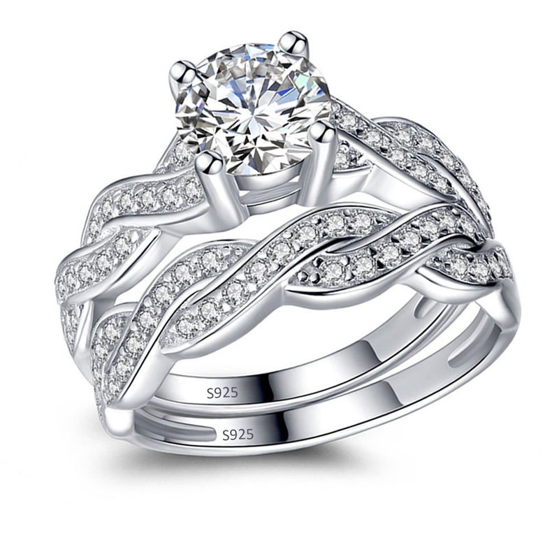 MABELLA 925 Solid Sterling Silver Matching Bridal Set Wedding Engagement Rings Clear Round Cubic Zirconia Eternity Ring for Women Size 5 - Image 1