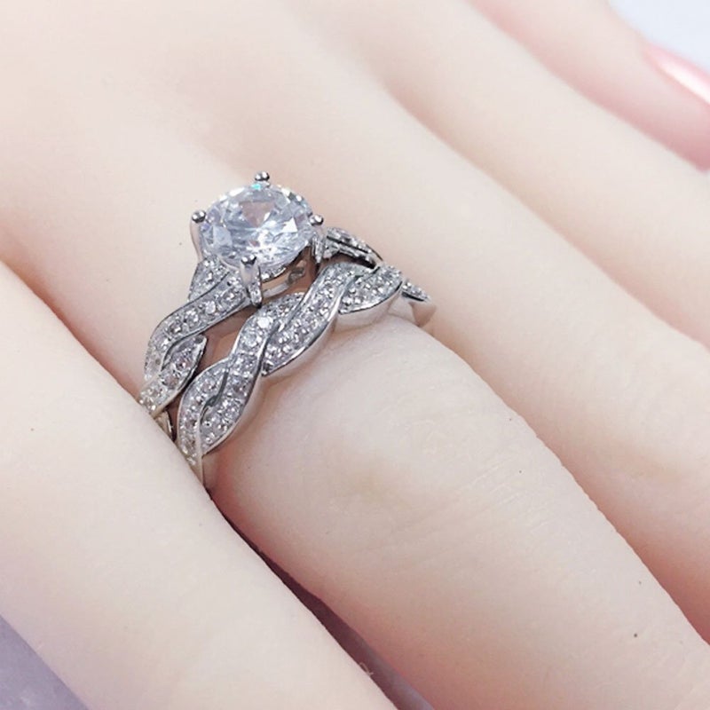 MABELLA 925 Solid Sterling Silver Matching Bridal Set Wedding Engagement Rings Clear Round Cubic Zirconia Eternity Ring for Women Size 5 - Image 5