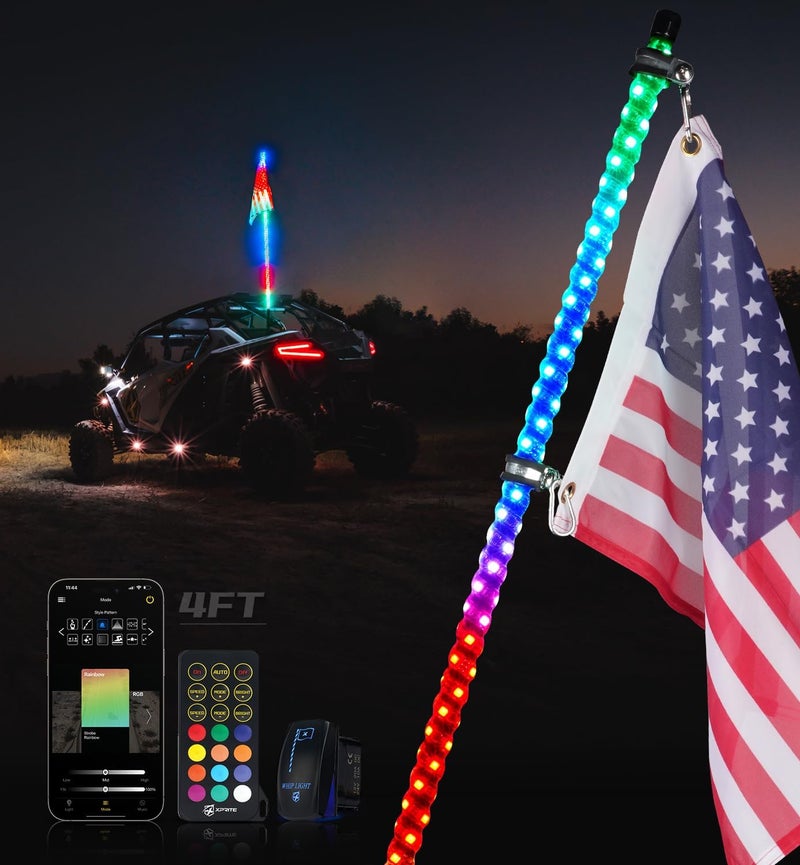 Xprite 1PC 4FT Spiral RGB LED Whip Light with Spring Base, App & Remote Control Chasing Antenna Lighted Whips, Compatible with SXS ATV UTV Polaris RZR Can-am Buggy Trucks Jeep - Image 1