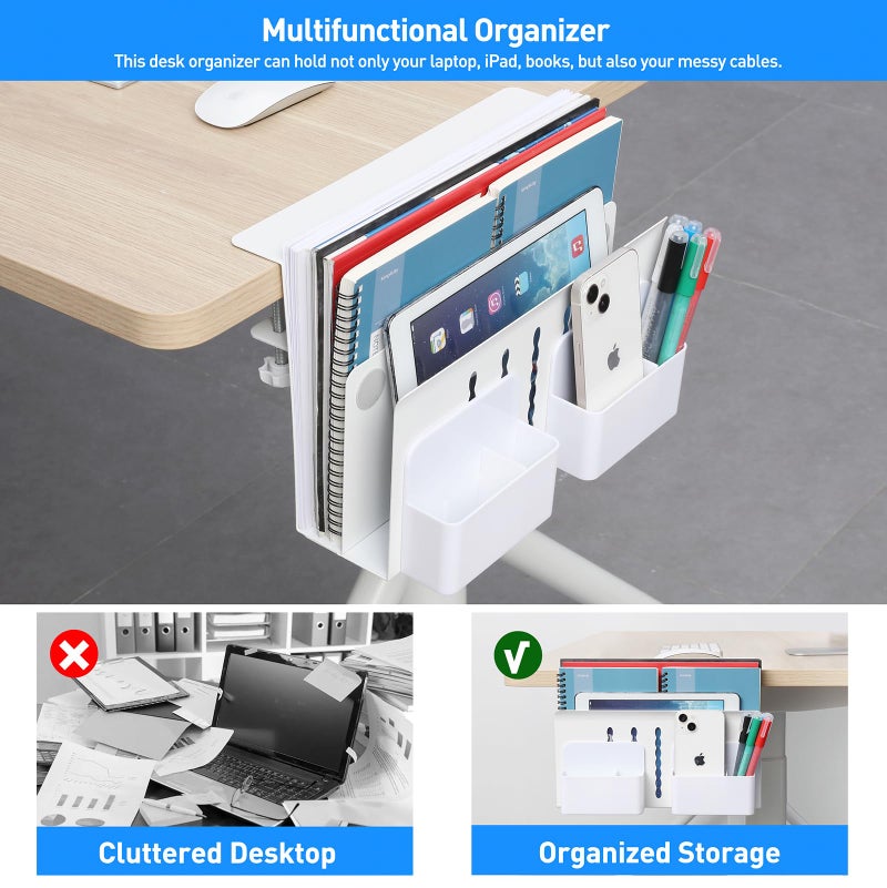 MAXECHO Desk Side Storage, Under Desk Laptop Mount, Table Side Hanging File Organizer, No Drill Clamp On Cable Management Tray, Laptop Holder with Magnetic Pen Holder for Office and Home, Load 22 Lbs - Image 3