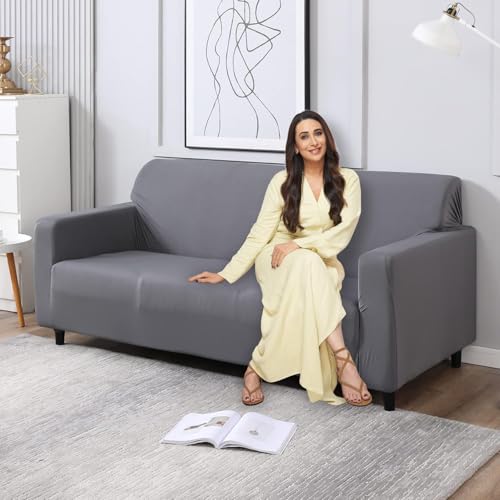 HOKIPO Elastic Stretchable Triple Seater Sofa Cover, Light Grey (NEW-AR-4279-E1) - Image 1