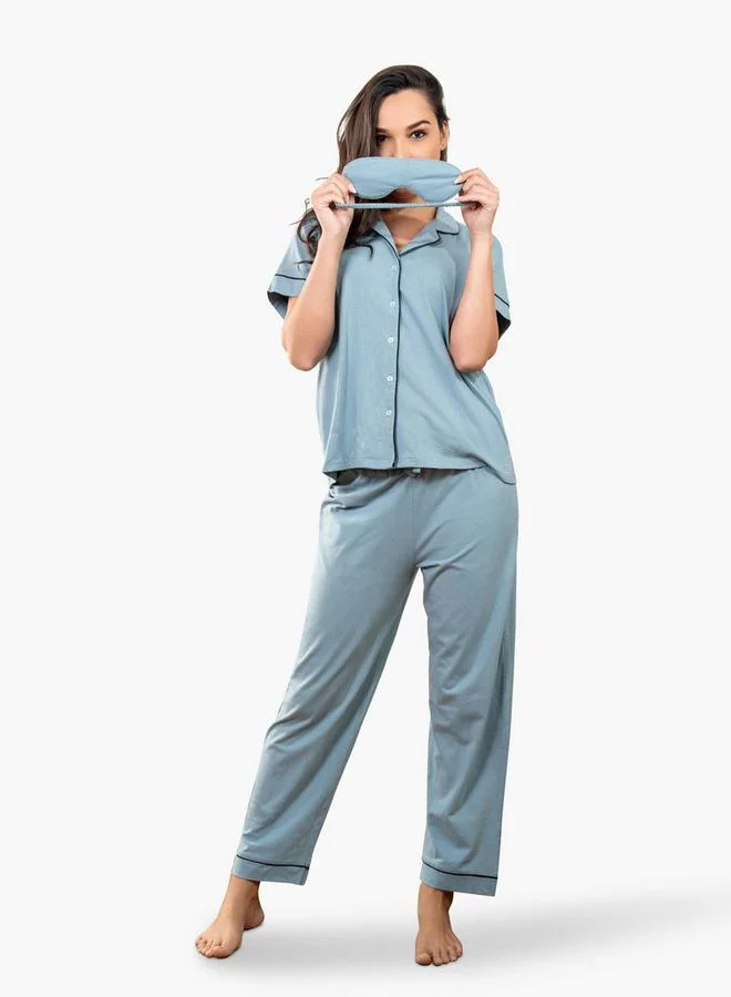 Aadaraya Aadaraya Collared Shirt with Pyjama and Eyemask Set
