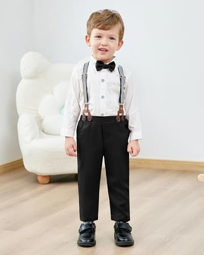 YALLET Toddler Baby Boy Clothes Suit Gentleman Wedding Outfits, Formal Dress Shirt+Bowtie+Vest+Boutonniere+Suspender Pants(V Black-White, 12-18 Months) - Image 3