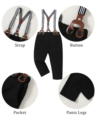 YALLET Toddler Baby Boy Clothes Suit Gentleman Wedding Outfits, Formal Dress Shirt+Bowtie+Vest+Boutonniere+Suspender Pants(V Black-White, 12-18 Months) - Image 5