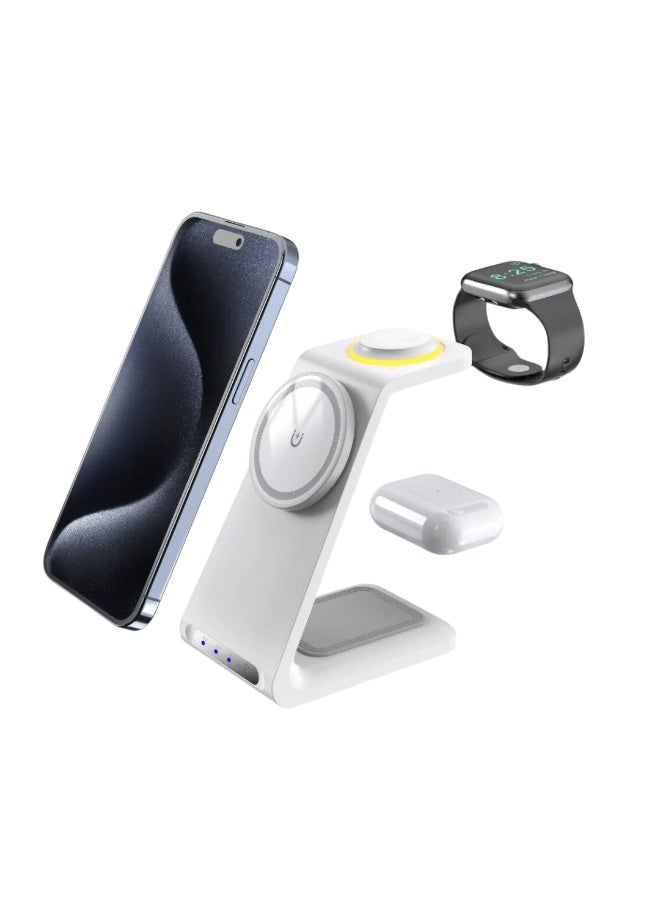 كي يو كي أتش محطة شحن لاسلكية مغناطيسية 3 في 1 متوافقة مع أجهزة iPhone و Apple Watch و AirPods، قاعدة شحن سريع مع ضوء ليلي - Image 2