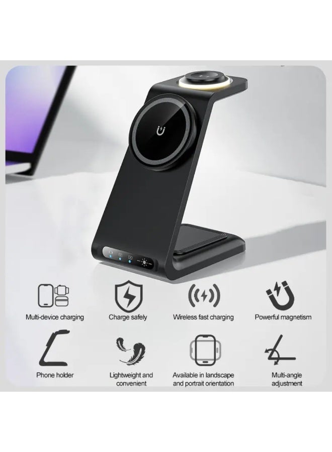 كي يو كي أتش محطة شحن لاسلكية مغناطيسية 3 في 1 متوافقة مع أجهزة iPhone و Apple Watch و AirPods، قاعدة شحن سريع مع ضوء ليلي - Image 5