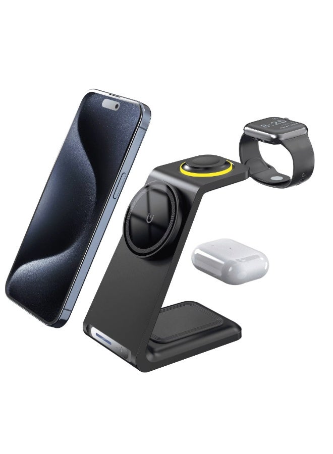 كي يو كي أتش محطة شحن لاسلكية مغناطيسية 3 في 1 متوافقة مع أجهزة iPhone و Apple Watch و AirPods، قاعدة شحن سريع مع ضوء ليلي - Image 1