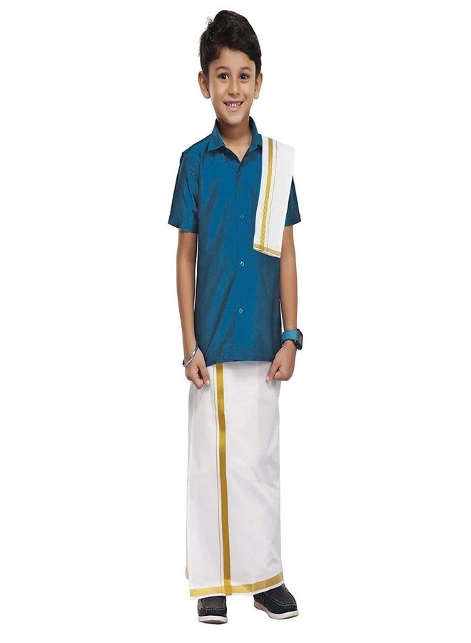 Chandrakala Kids Shirt With Mundu Set for Boy Teal Blue,3-4T (KB102TEA4) - Image 1