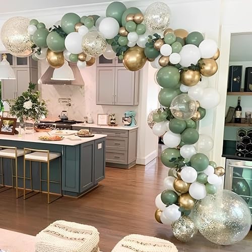 GIHOO 137PCS Sage Green Balloon Garland Arch Kit White Gold Confetti Balloons Retro Green Balloon and Gold Metallic Chrome Latex Balloons for Wedding Birthday Baby Shower Decorations - Image 1