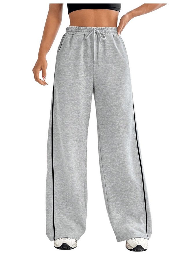 MakeMeChic - Women'S Drawstring Waist Straight Leg Sweatpants Casual Wide Leg Pants Grey And Black Xs - Image 1