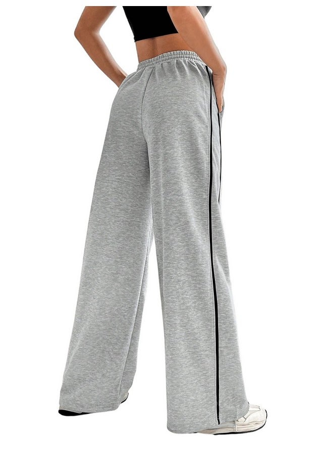 MakeMeChic - Women'S Drawstring Waist Straight Leg Sweatpants Casual Wide Leg Pants Grey And Black Xs - Image 1