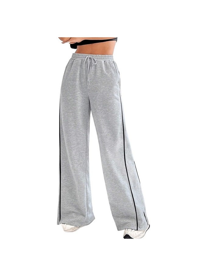 MakeMeChic - Women'S Drawstring Waist Straight Leg Sweatpants Casual Wide Leg Pants Grey And Black Xs - Image 1