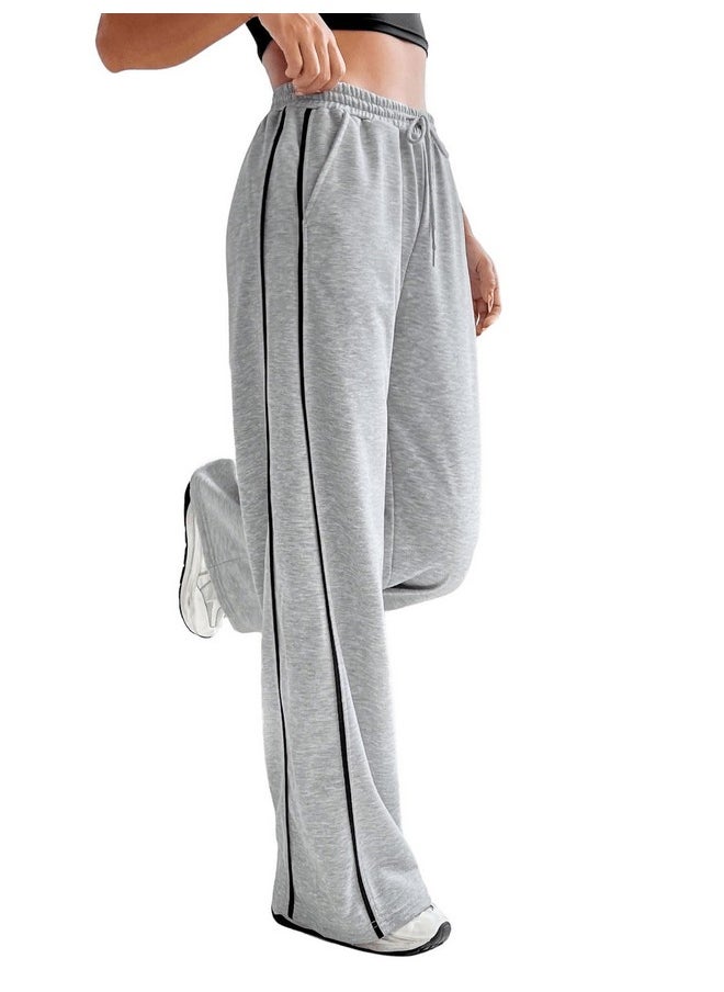 MakeMeChic - Women'S Drawstring Waist Straight Leg Sweatpants Casual Wide Leg Pants Grey And Black Xs - Image 1
