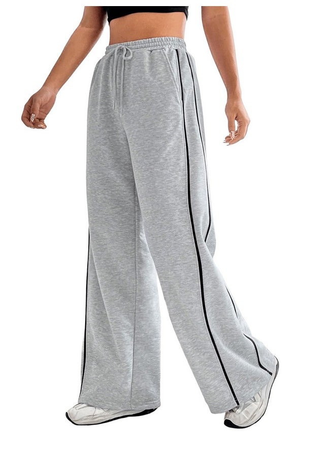 MakeMeChic - Women'S Drawstring Waist Straight Leg Sweatpants Casual Wide Leg Pants Grey And Black Xs - Image 1