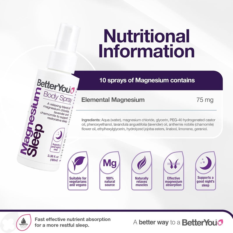 BetterYou Magnesium Sleep Body Spray Made with Zechstein Magnesium Chloride and Essential Oils Magnesium Supplement Natural Sleep Aid PalmOil Free 100ml 600 Sprays - Image 3