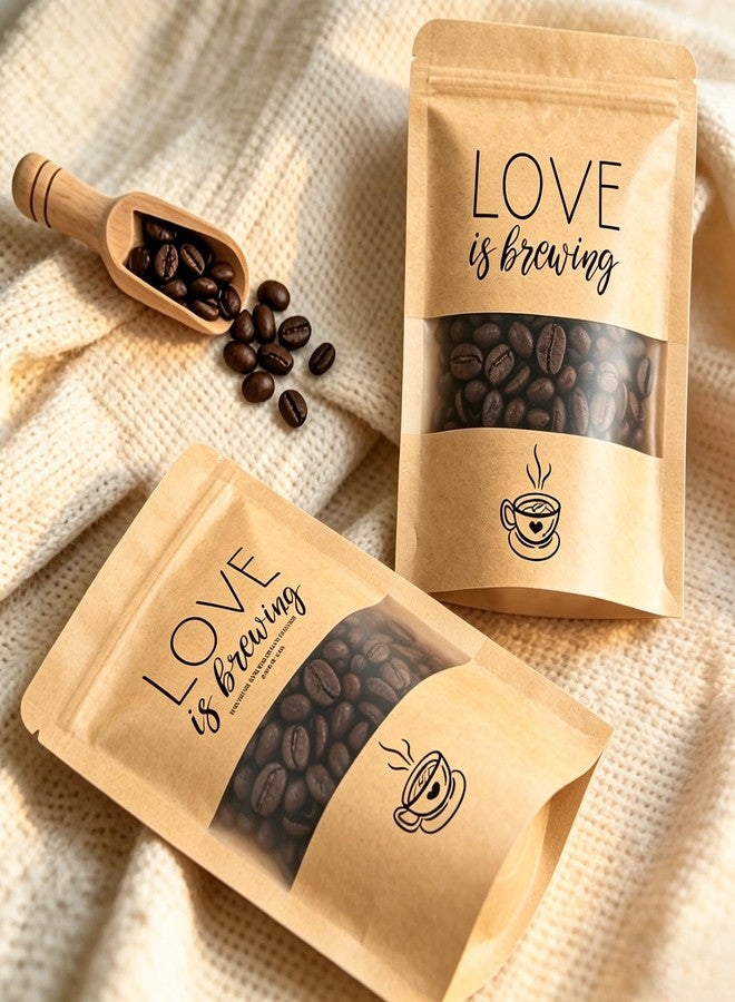 Whaline 50 Pcs Love is Brewing Kraft Paper Resealable Bags Coffee Favor Bags Treat Goodie Stand Up Bag with Window for Wedding Engagement Baby Bridal Shower Bachelorette Party Gift Supplies - Image 1