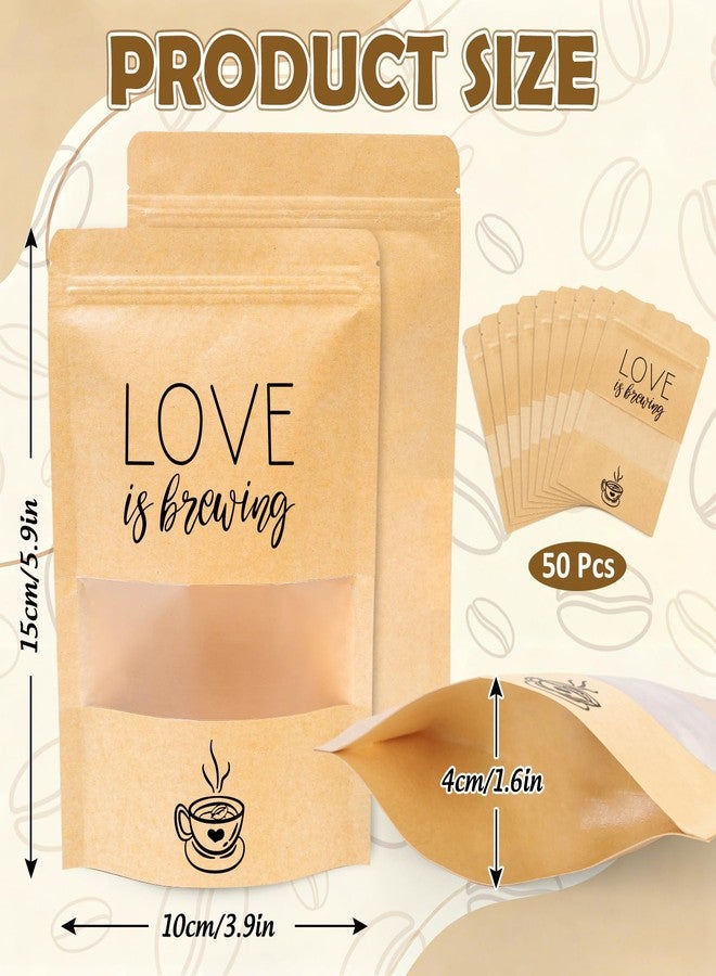 Whaline 50 Pcs Love is Brewing Kraft Paper Resealable Bags Coffee Favor Bags Treat Goodie Stand Up Bag with Window for Wedding Engagement Baby Bridal Shower Bachelorette Party Gift Supplies - Image 2