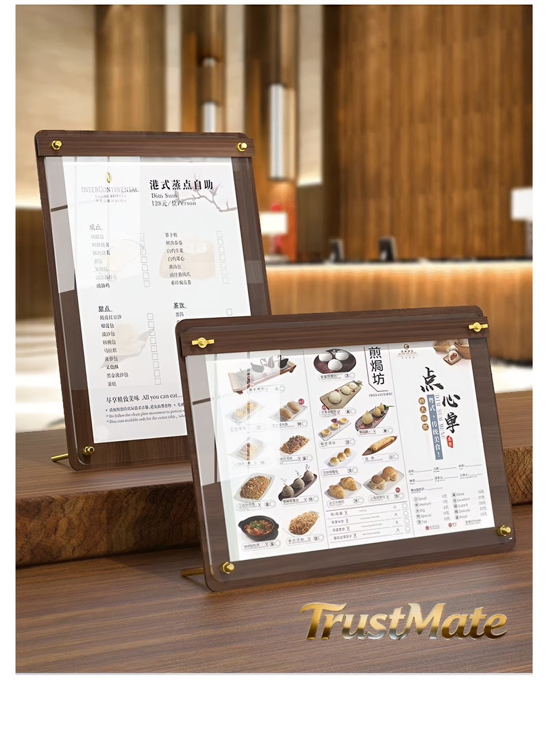 TrustMate Premium A4 Wooden Display Stand - High-Definition Acrylic Menu and Certificate Holder - Luxury Walnut Finish - Vertical & Horizontal Use for Office, Restaurant, and Home - Image 1