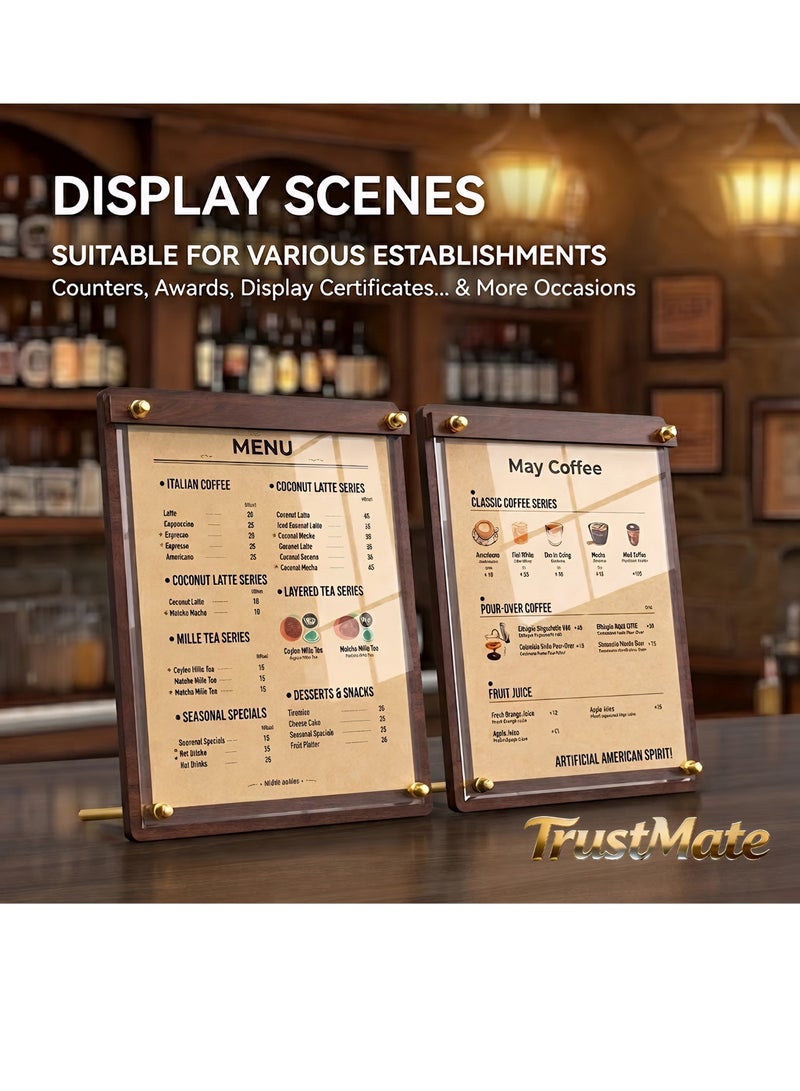 TrustMate Premium A4 Wooden Display Stand - High-Definition Acrylic Menu and Certificate Holder - Luxury Walnut Finish - Vertical & Horizontal Use for Office, Restaurant, and Home - Image 2