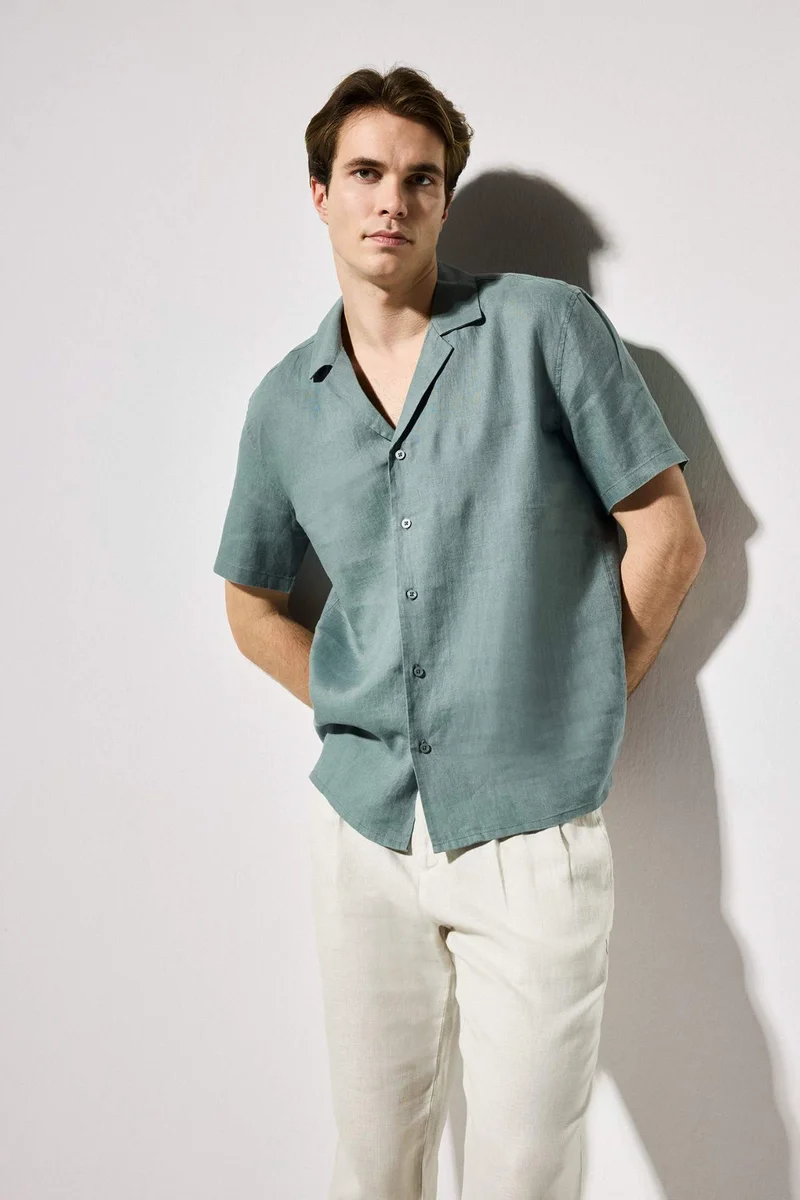 DeFacto Regular Fit Polo Collar Linen Shirt
