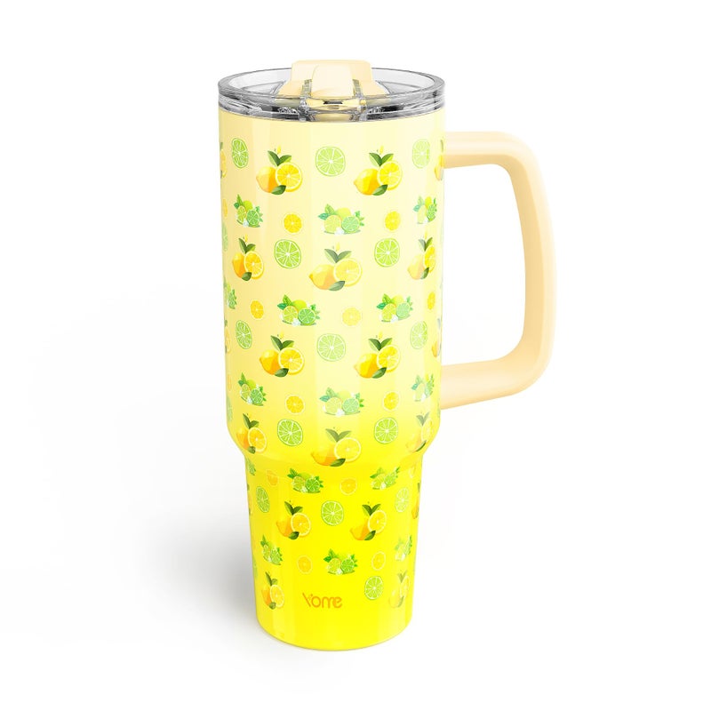 YOME 40 oz Lemon Yellow Tumbler with Handle and Flip Straw for Women Stainless Steel Insulated Water Bottle Keeps Drinks Cold Dishwasher Safe Cupholder Friendly Gift Gym Travel Yoga - Image 2
