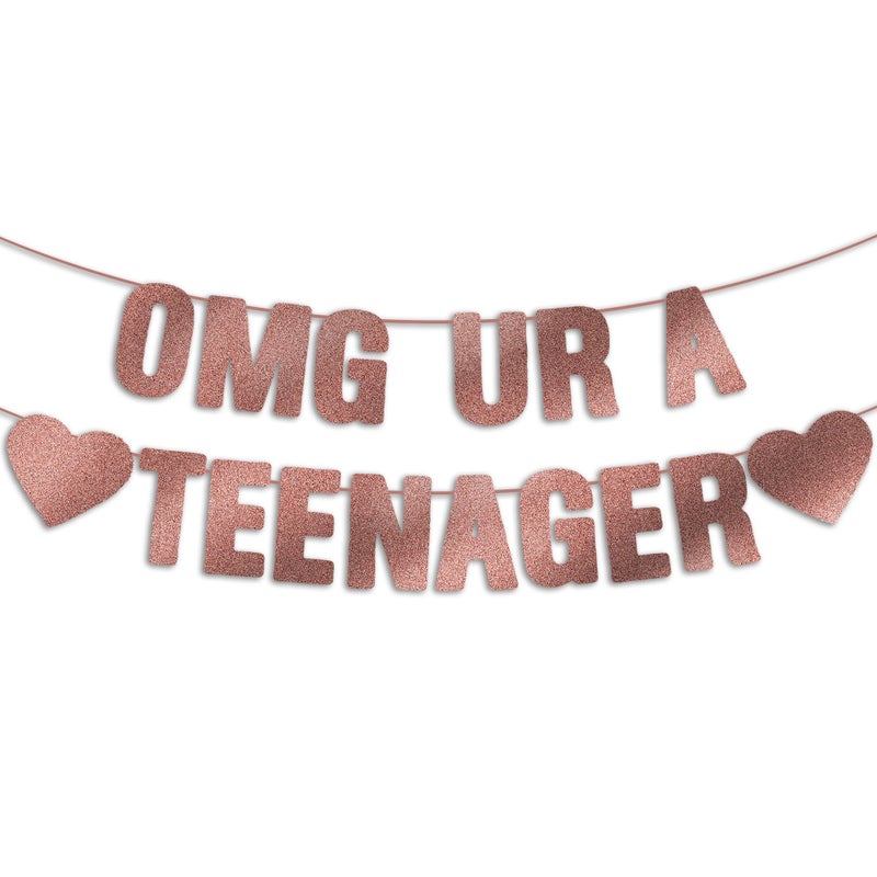 PreStrung OMG UR A Teenager Banner Rose Gold Glitter Happy 13th Birthday Decorations for Girls Mean Party Decor 13 Year Old Party Sign for Her