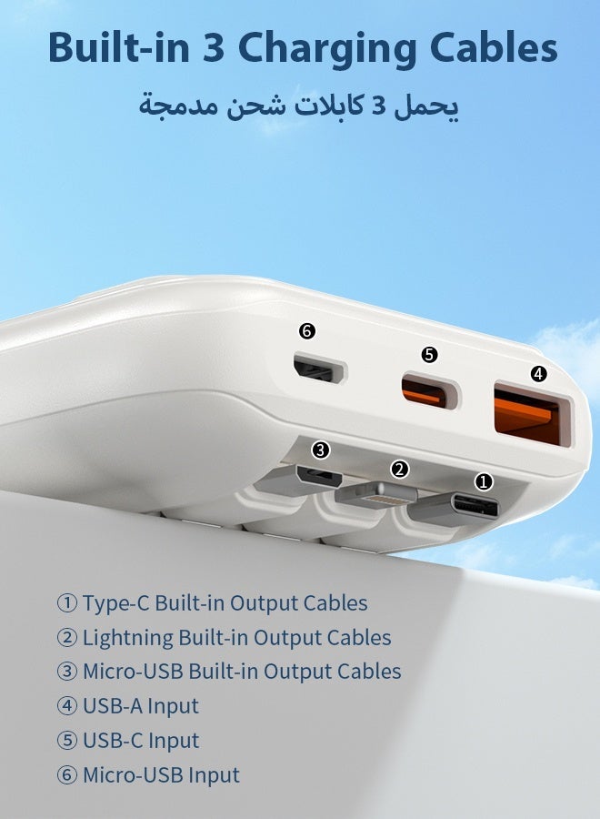 وابيك باور بانك ماركة كورية M1، شحن سريع 22.5 واط، كابلات مدمجة Lightning وType-C وMicro USB، شاشة رقمية، منافذ USB-A وType-C، متوافق مع iPhone وSamsung وHuawei، سعة 10000mAh – أبيض - Image 2