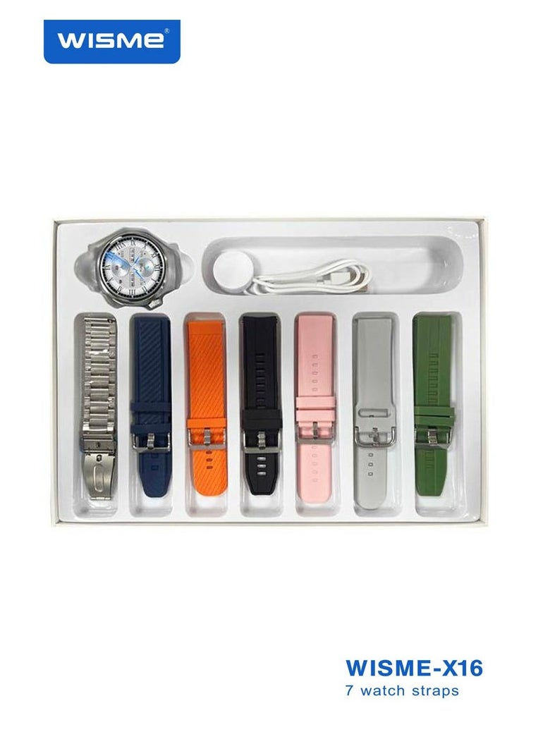 WISME WISME-X16 Round Shape Curved Display Smartwatch With 7 Pair Straps Charging Cable Designed For Men Silver  - Image 1