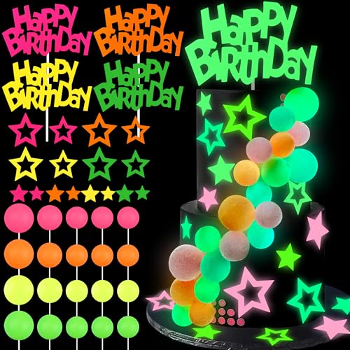 SPFYunion 40 PCS Glow Cake Topper Set with Ball Star and Happy Birthday Toppers Party Decorations for Neon Cakes Black Light Party Supplies in 4 Colors - Image 1