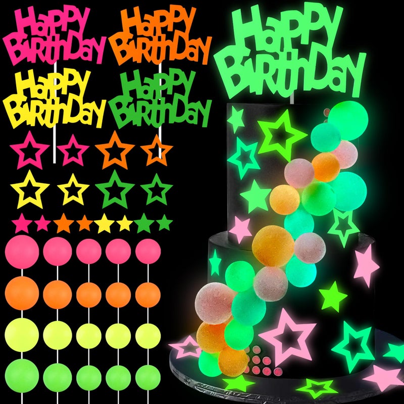 SPFYunion 40 PCS Glow Cake Topper Set with Ball Star and Happy Birthday Toppers Party Decorations for Neon Cakes Black Light Party Supplies in 4 Colors - Image 2
