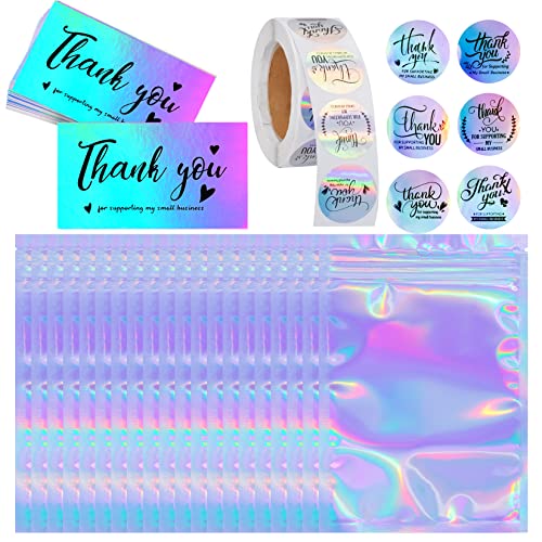 Poualss 630 Pieces Thank You Cards and Stickers Set with 30pcs Resealable Packaging Bag 500pcs Small Business Roll Stickers 100pcs Thank You Business Card for Business (Holographic) - Image 1