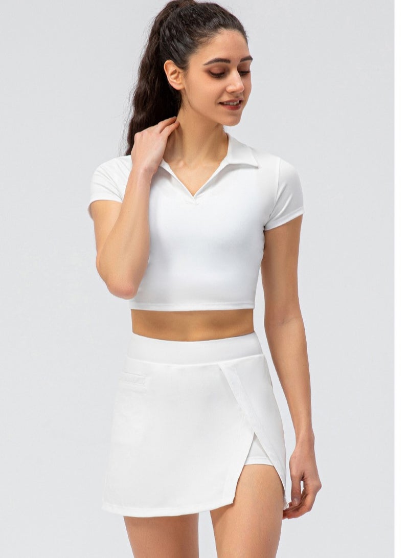 NIBEMINENT Women's Yoga Leisure Sports Set Fake Two Tennis Skirt Running Culottes Tight Short Sleeve Fitness Two-piece Set White  - Image 4