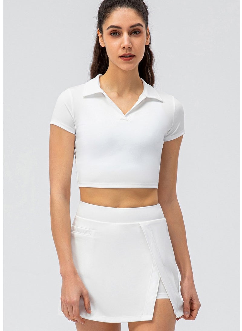 NIBEMINENT Women's Yoga Leisure Sports Set Fake Two Tennis Skirt Running Culottes Tight Short Sleeve Fitness Two-piece Set White  - Image 3