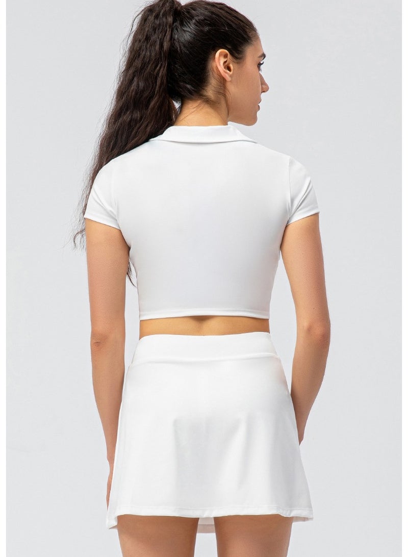 NIBEMINENT Women's Yoga Leisure Sports Set Fake Two Tennis Skirt Running Culottes Tight Short Sleeve Fitness Two-piece Set White  - Image 5