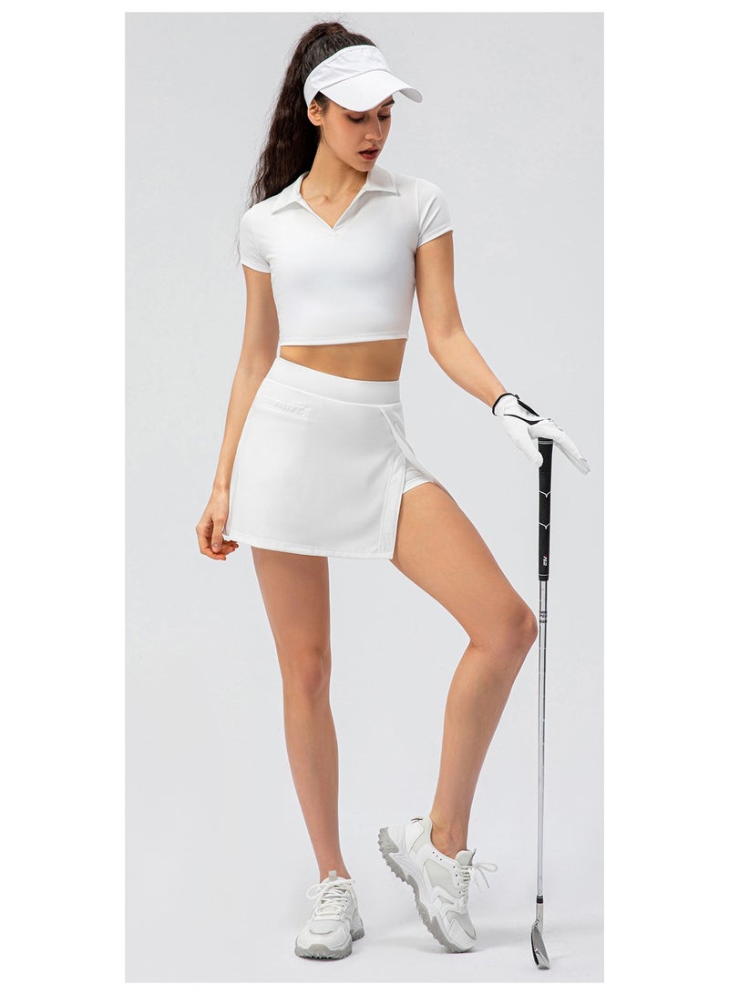 NIBEMINENT Women's Yoga Leisure Sports Set Fake Two Tennis Skirt Running Culottes Tight Short Sleeve Fitness Two-piece Set White  - Image 2
