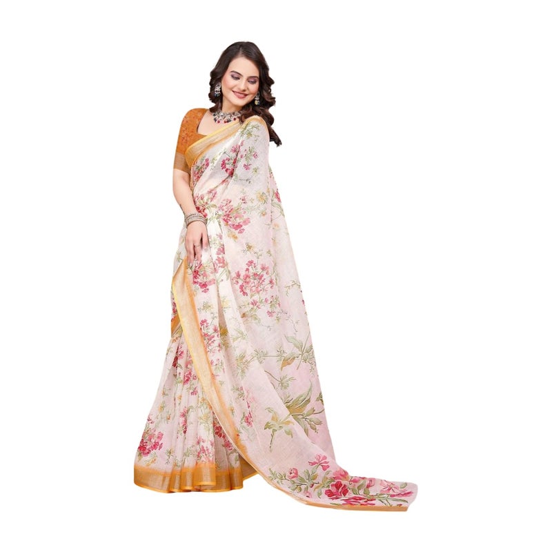 Sidhidata Women's Digital Printed Cotton Linen Blend Saree with Unstitched Blouse Piece - Floral Design in Cream and Multicolor - Image 1