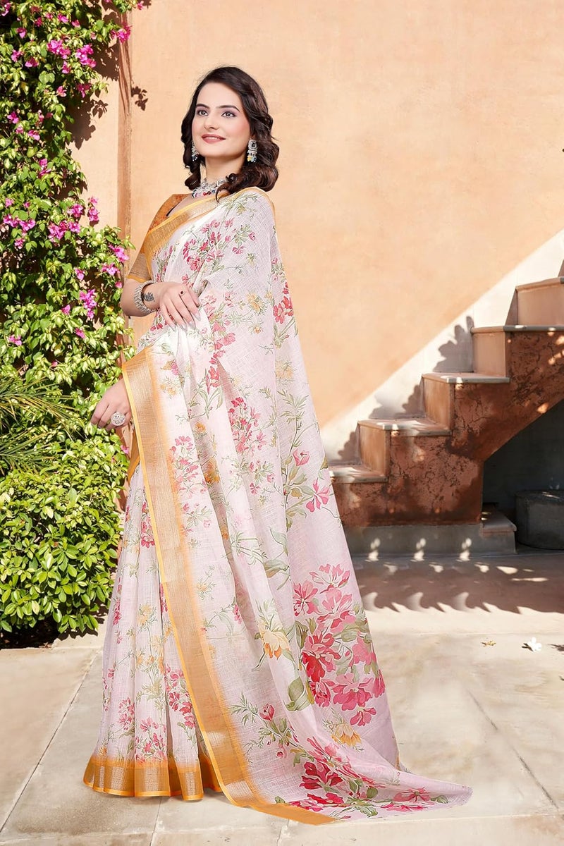 Sidhidata Women's Digital Printed Cotton Linen Blend Saree with Unstitched Blouse Piece - Floral Design in Cream and Multicolor - Image 3