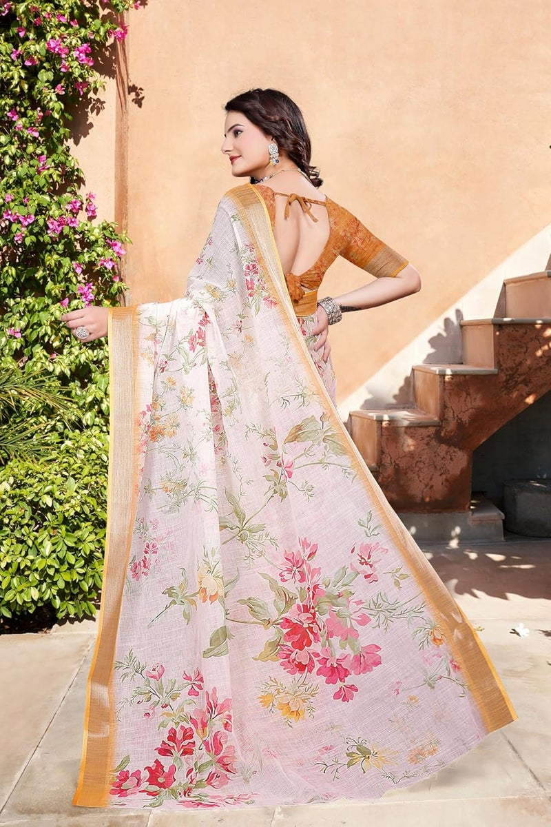 Sidhidata Women's Digital Printed Cotton Linen Blend Saree with Unstitched Blouse Piece - Floral Design in Cream and Multicolor - Image 5