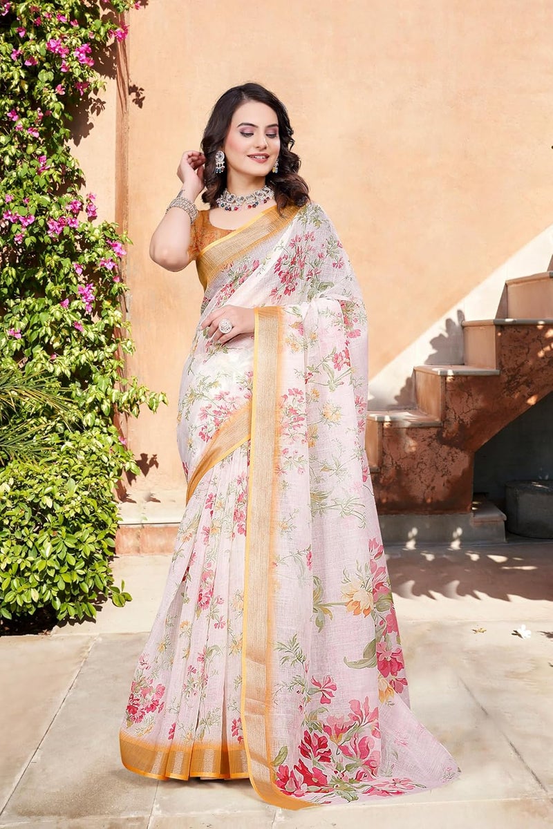 Sidhidata Women's Digital Printed Cotton Linen Blend Saree with Unstitched Blouse Piece - Floral Design in Cream and Multicolor - Image 4