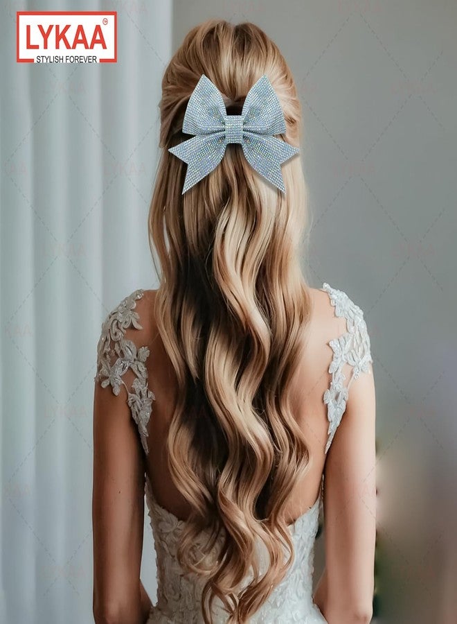 LYKAA Premium Luxury Full Crystal Hair Bow Clips Elegant Stone Work Hair Accessories for Women & Girls | Net Fabric Fancy Clips for Party, Wedding & Festive Looks Valentine Gift for her women | Hair Bow Barrette Clip | Handmade Bows | Alligators Bow Clips Fancy Hair Clips (Pack of 1) (WHITE) - Image 4