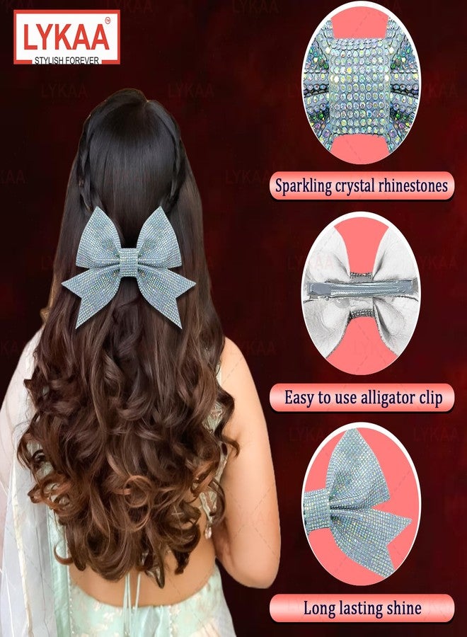 LYKAA Premium Luxury Full Crystal Hair Bow Clips Elegant Stone Work Hair Accessories for Women & Girls | Net Fabric Fancy Clips for Party, Wedding & Festive Looks Valentine Gift for her women | Hair Bow Barrette Clip | Handmade Bows | Alligators Bow Clips Fancy Hair Clips (Pack of 1) (WHITE) - Image 3