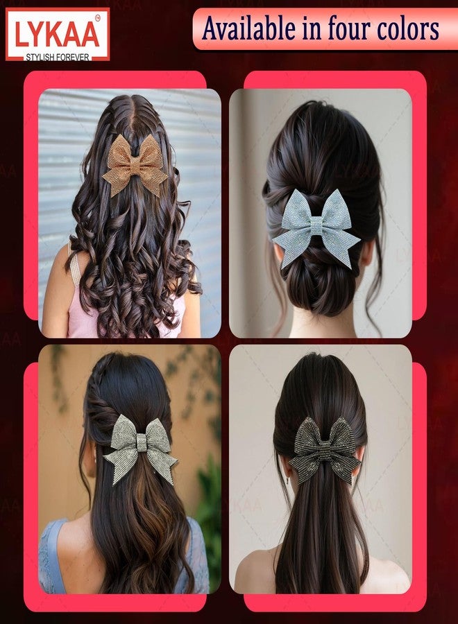 LYKAA Premium Luxury Full Crystal Hair Bow Clips Elegant Stone Work Hair Accessories for Women & Girls | Net Fabric Fancy Clips for Party, Wedding & Festive Looks Valentine Gift for her women | Hair Bow Barrette Clip | Handmade Bows | Alligators Bow Clips Fancy Hair Clips (Pack of 1) (WHITE) - Image 5